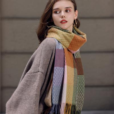 Contrast Plaid Tassel Scarf Autumn and Winter Shawl Warm Thickened Scarf Korean Style Women's Trend