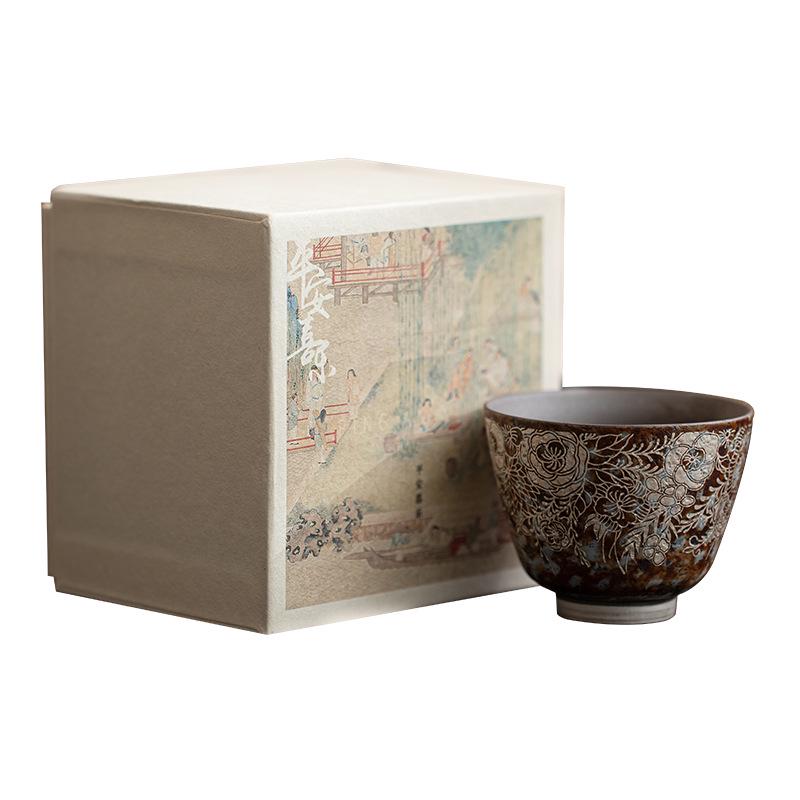 Vintage Coarse Pottery Tea Cup Set - Large Gilded Agarwood Gongfu Tasting Cup