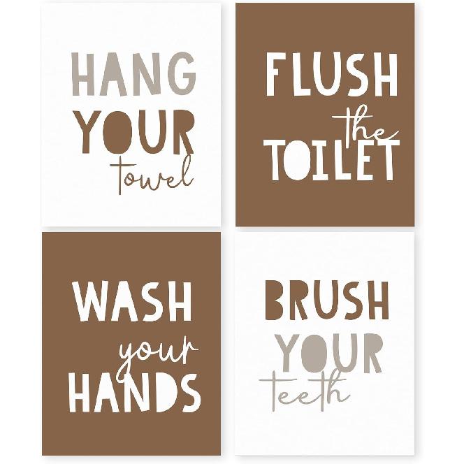 HRQKO Pink Wash Your Hands Wall Art Poster Prints Set of 4,Pink Bathroom Wall Decor, Kids Bathrooms Artwork Print Posters Wall Decor, Girls Bathroom