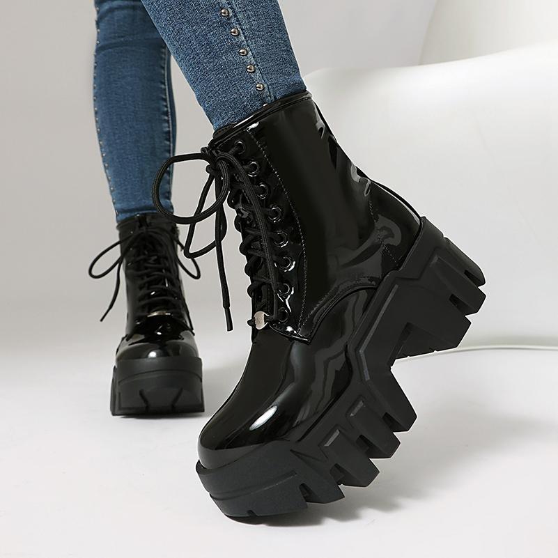 Plus Size Sponge Cake Heel Thick Sole Rubber Glossy Patent Leather Short Boots Lace Up Zipper Height Increasing Women's Boots