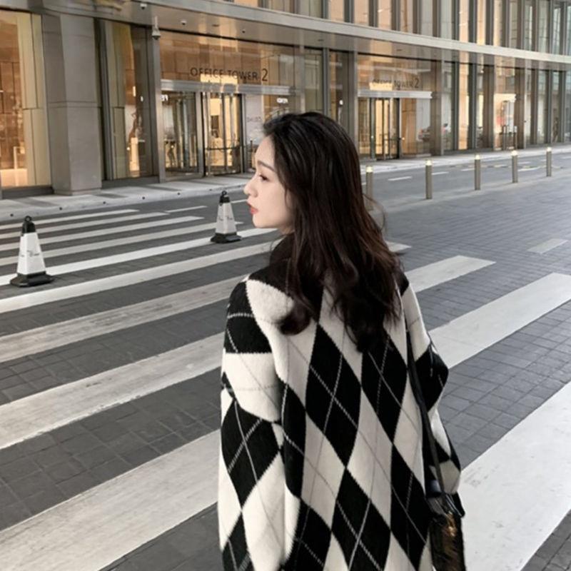 Danmo Fashion Plaid Knitted Cardigan Women Long Sleeve Casual Loose Sweaters Vintage Japanese Style Oversized Coat