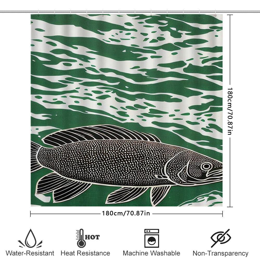 Modern Boho Style Fish Print Shower Curtain Waterproof Fabric For Bathrooms In Green White Camouflage Design