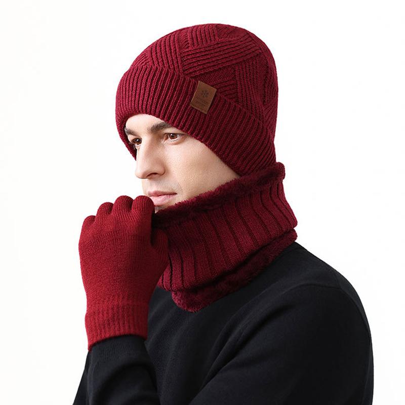 High Stretch Wool Hat Warm Kit Men's Winter Outdoor Warm Knitted Hat Scarf Gloves Three-Piece Set