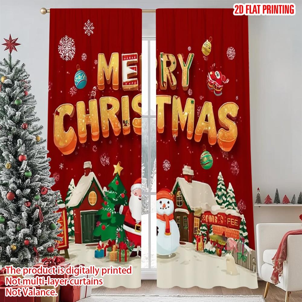 

Set Of 2 Flat Printing Merry Christmas Popular Party Window Curtains Santa Snowman Holiday Fabric Without Made Polyester W100*H70(CM)-Grommet top&1PCS