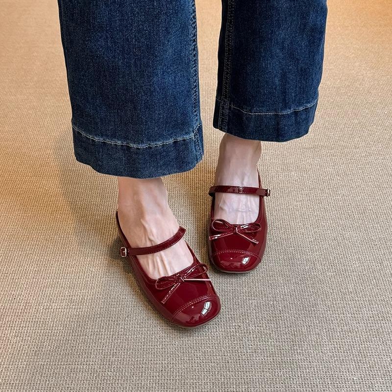 Retro red bow bag head half slippers women s new square head Mary Jane single shoes 32