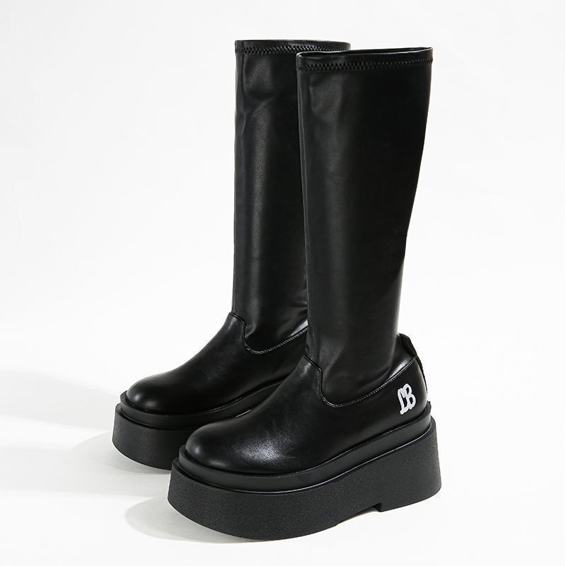 Round Toe Shoes for Women Wedge Heel Footwear Platform Leather Winter Knee High Shaft Long Ladies Boots Spring 2024 on Promotion