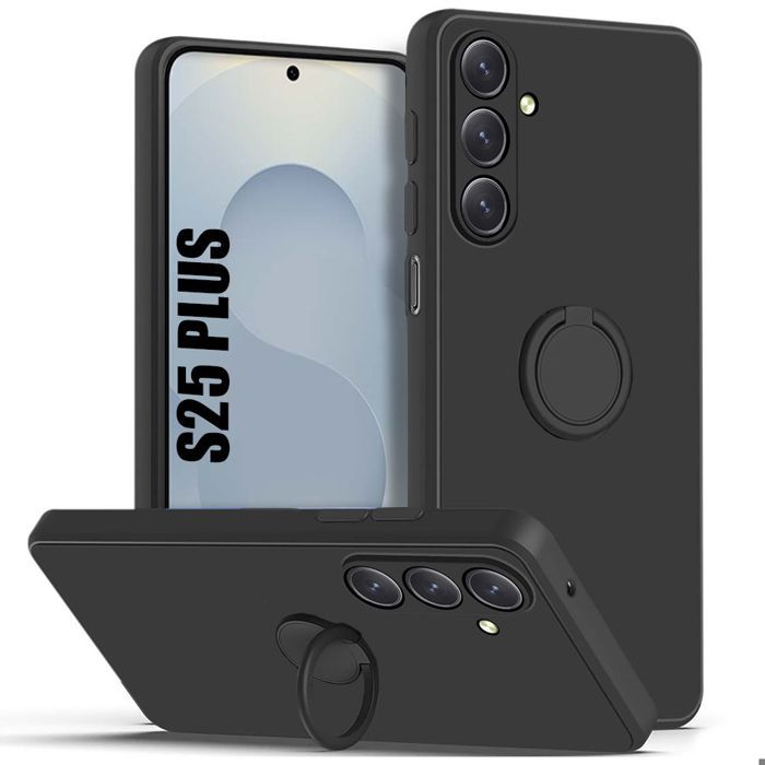 Coque pour Samsung Galaxy S25 Plus (S25+) Silicone Liquide avec Anneau Rotatif Noir