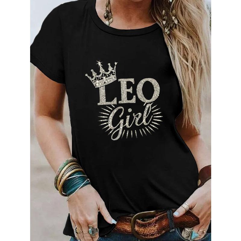 

European sizes Casual Short-Sleeve Crew Neck T-Shirt Featuring a Leo with a Crown, Perfect for Spring And Summer Women S Fashion 4XL чорний