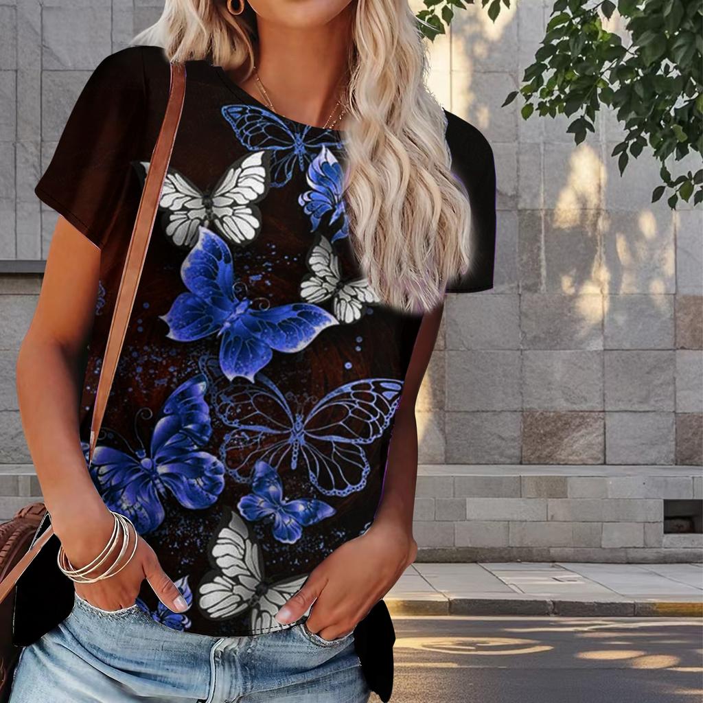 Women Summer T Shirt Butterfly Print Retro Fashion Short Sleeve Tees Casual   Printed  Tops