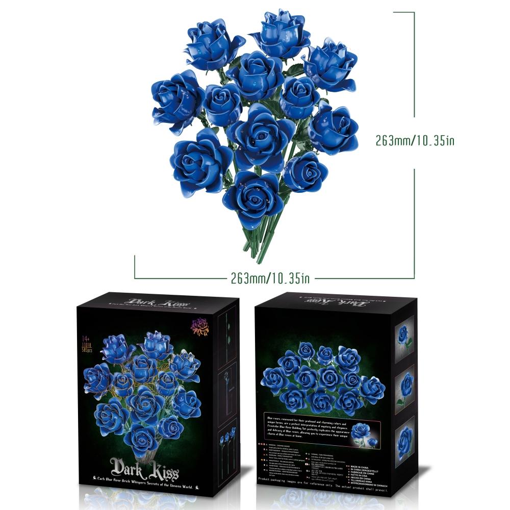 Non-Toxic 585Pcs Creative Blue Rose Bouquet Building Blocks Set Diy Ornament Romantic Tabletop Decoration Valentine Gift For Women Kids