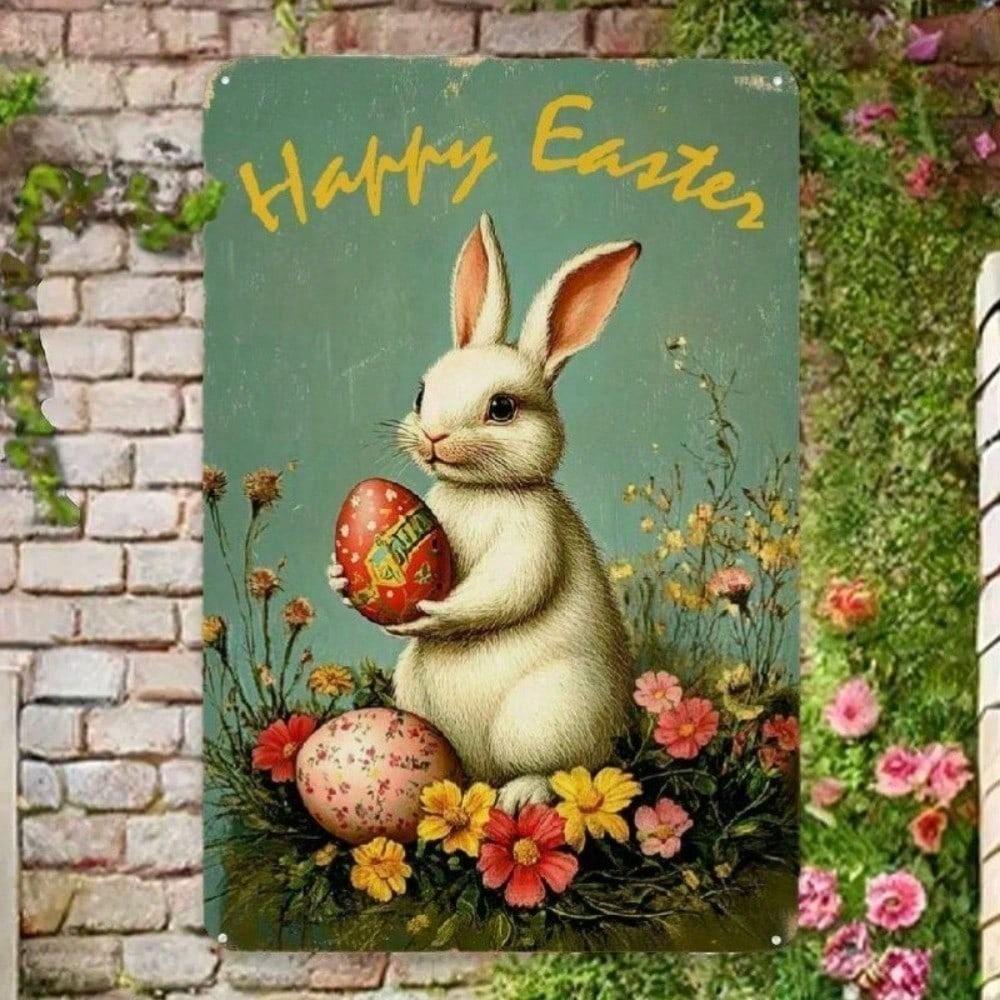 Vintage Easter Bunny Metal Wall Art Rustic Farmhouse Rabbit Silhouette Sign Waterproof Hanging Decor