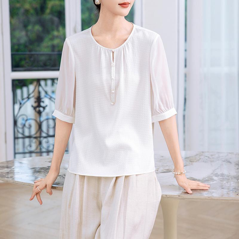 Silk shirt women's  dress new silk shirt temperament round neck age-reducing mulberry silk short-sleeved top