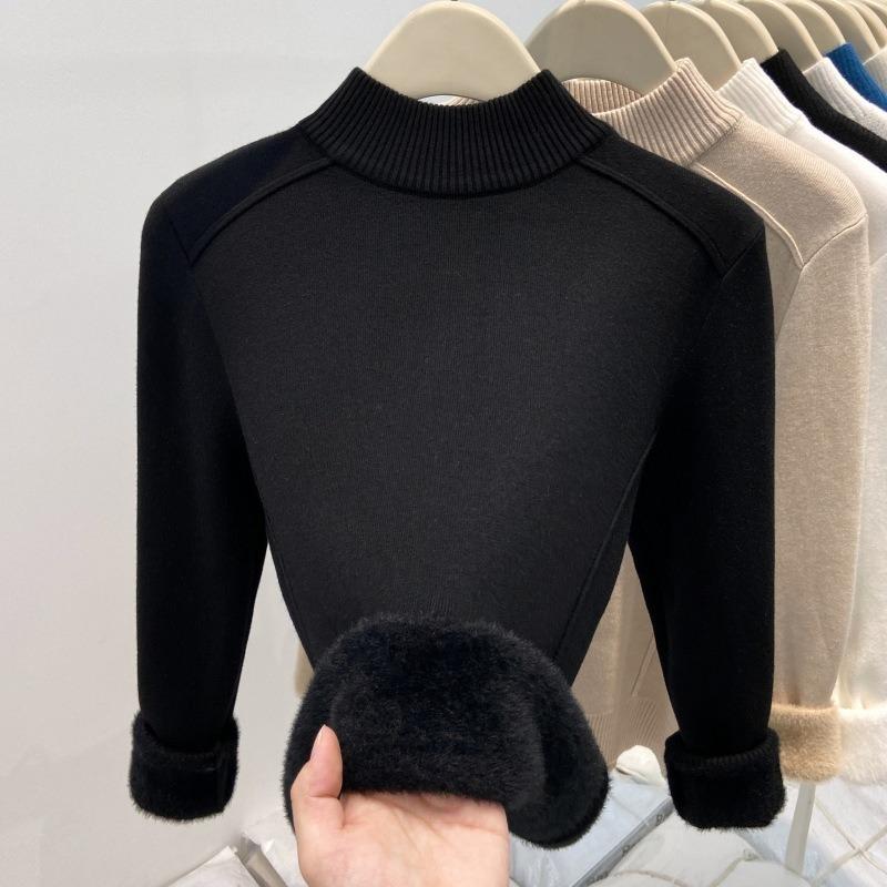 Fishbone line front shoulder semi-turtleneck inner top women's thickened integrated fleece long-sleeved shirt autumn and winter new bottoming shirt