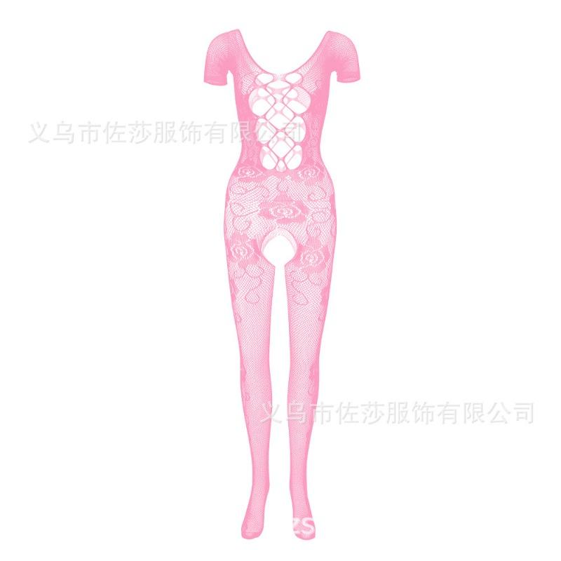 Sex clothes Mesh onesie Rose jacquard nylon open-file short-sleeved backless tights