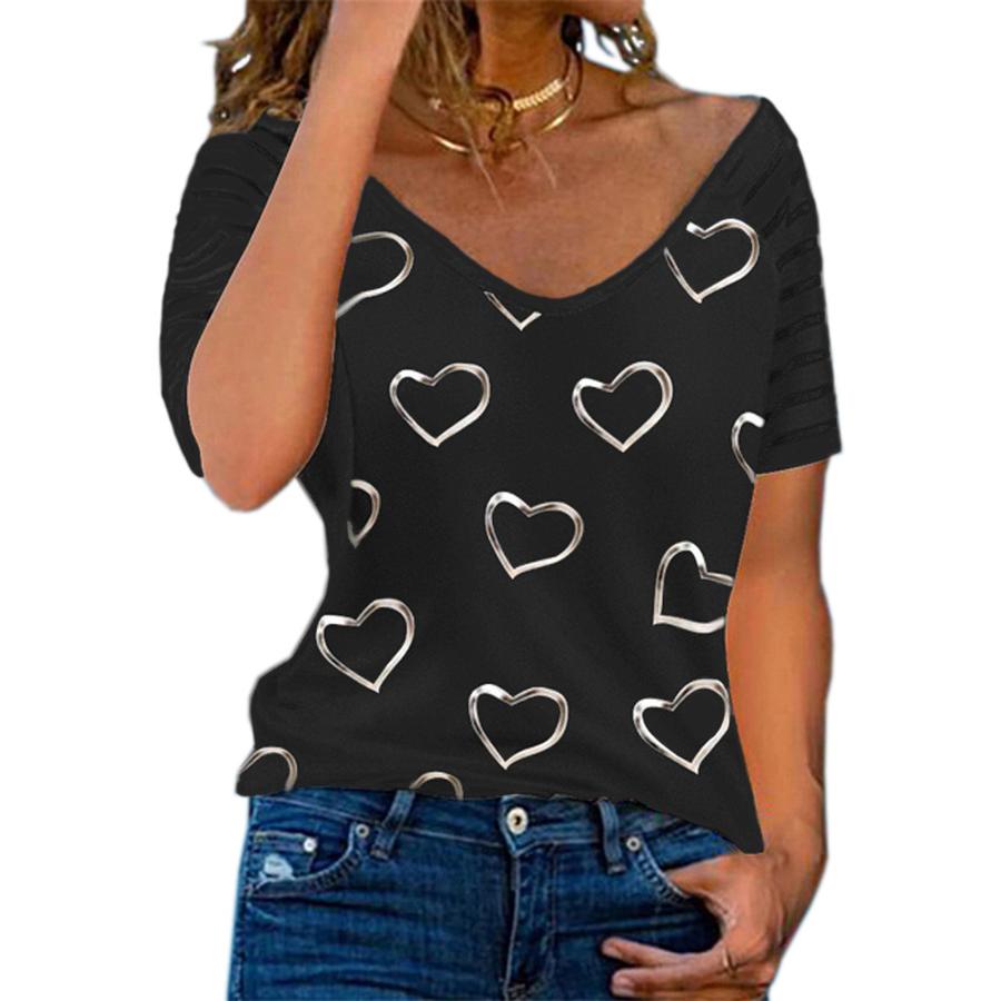 New Large Size Women's Clothing Heart Print Crew Neck Short Sleeve T-Shirt for Women