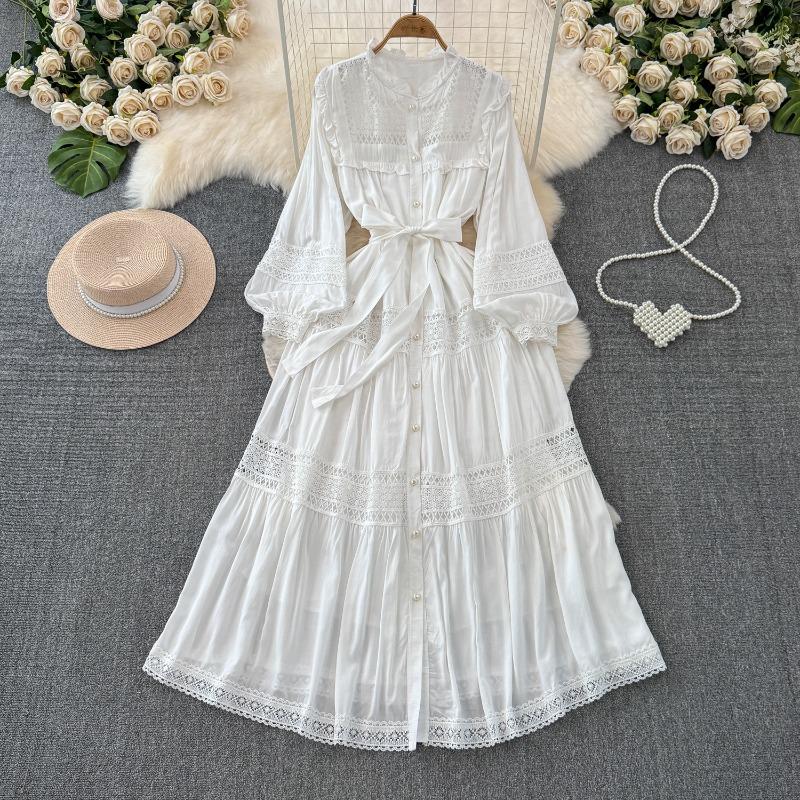 Krajkové šaty s dlouhým rukávem a volánky Jednobarevné Korejská móda Jednořadé Elegantní Retro Podzimní Dlouhé šaty Volánky Mašle Dámské šaty