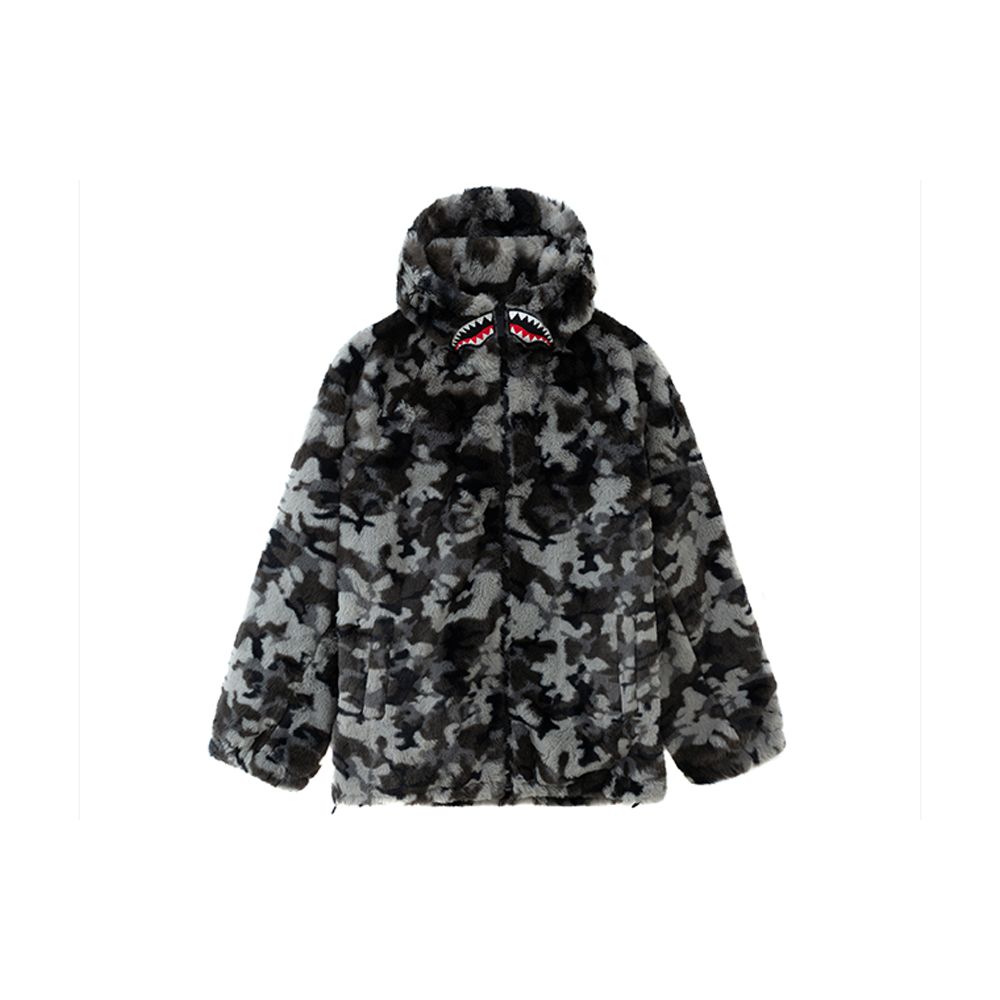 Sprayground Maskáčová bunda s kapucí a velkým logem žraločí tlamy z umělého beránka Unisex bundy WD831104
