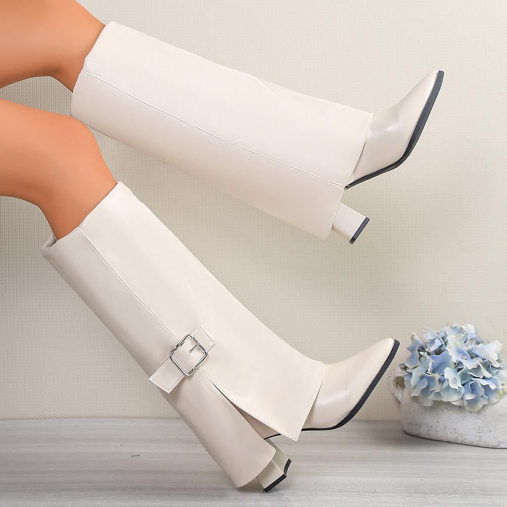 British Versatile Belt Buckle Pointed Women's Boots Comfortable Boots Thick Heel Personality Pant Pants Boots Knee Fashion Boots