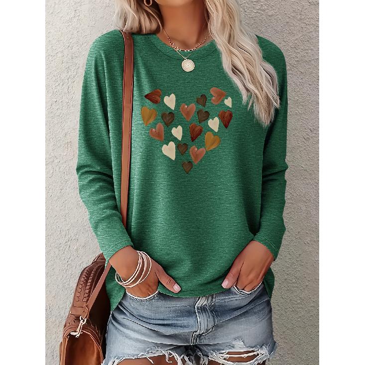 Women's Simple Heart-Shaped Combination Love Print One-piece Casual Long-sleeved Elegant Summer Top Fashionable and Cute T Vintage Loose-fitting
