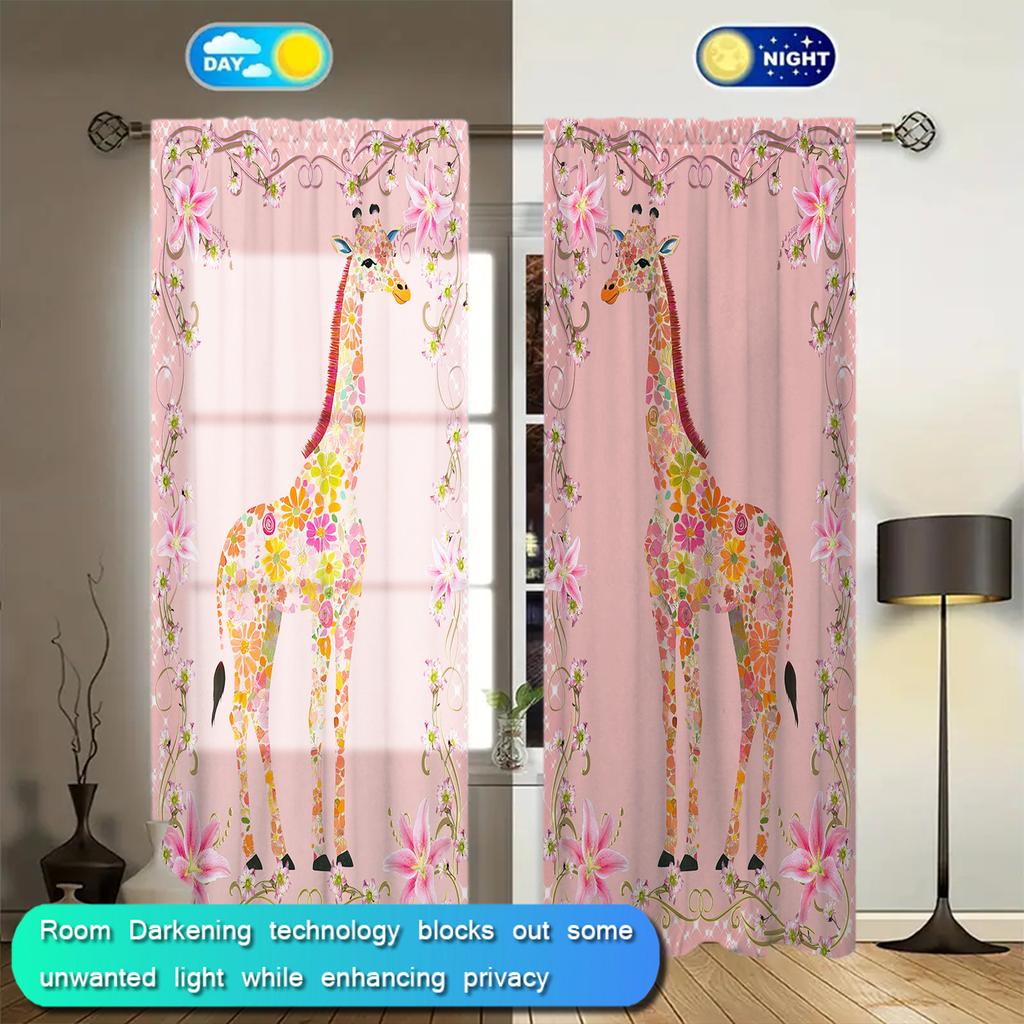 2pcs Pink Giraffe Background Printed Curtain for Home Decor - Rod Pocket Window Treatment for Bedroom, Office, Kitchen