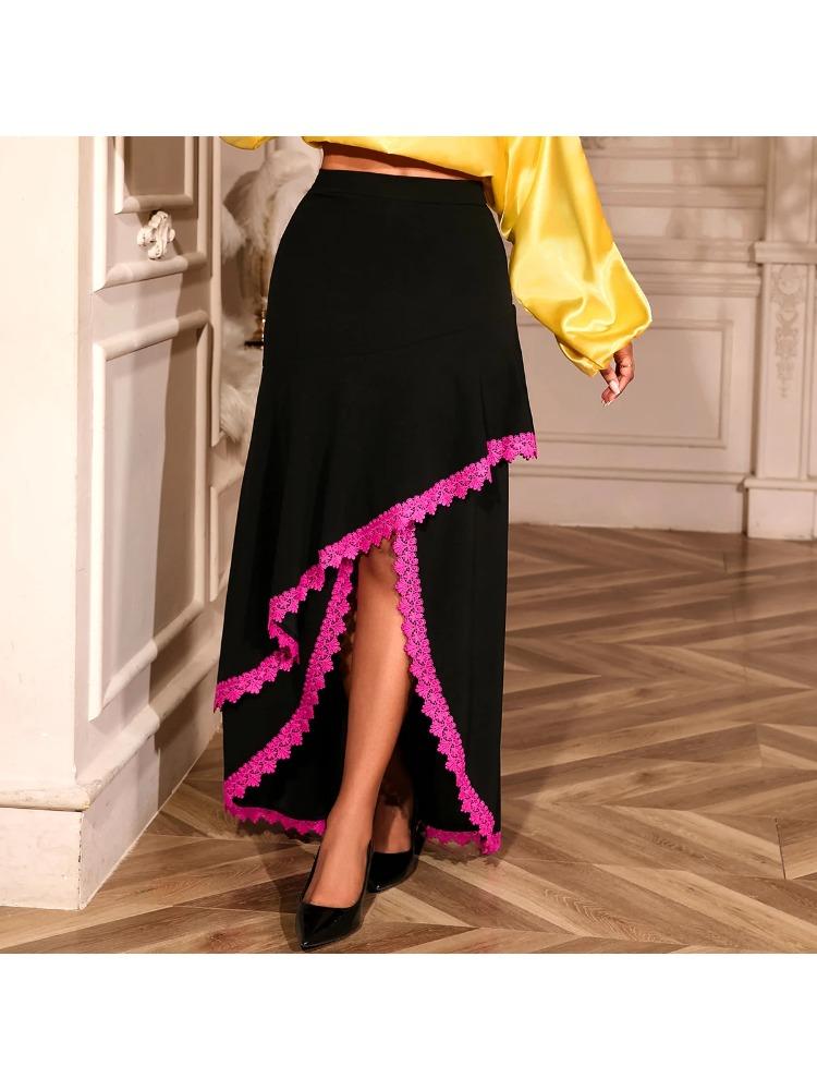 Elegant Women Color Block Asymmetrical Lace Edge Long Skirt High Waist Side Split A Line Fashion Evening Christmas Party Cocktail Outfit