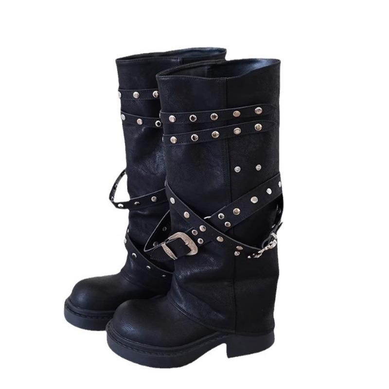 Schwarze Maillard Stiefel neue Retro runde Spitze Nischendesign lange Stiefel Nieten Ritterstiefel