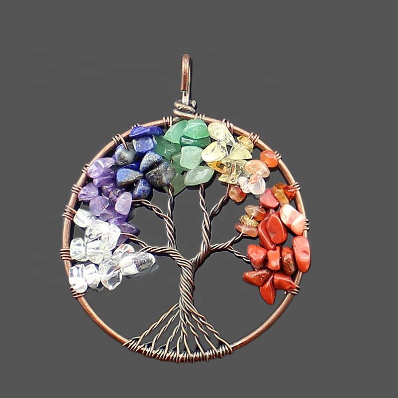 Crystal Chakra 7 Colour Stone Pendant Tree of Life Shape Natural Charm Pendants Antique Bronze Plated Crystal, Rhinestone CN;GUA