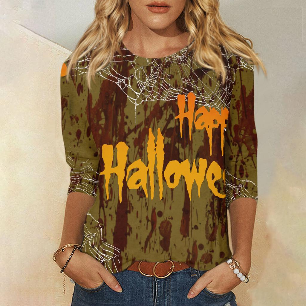 2024 New Women's Halloween Long Sleeve T-Shirt Spider Web Print Round Neck Casual Basic Loose Ladies Designer Tops