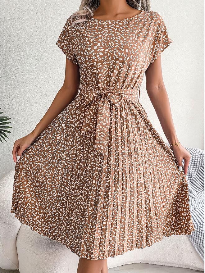 Feng Real Spring/Summer Floral Pleated Skirt with Short Sleeves - Women's European American Style