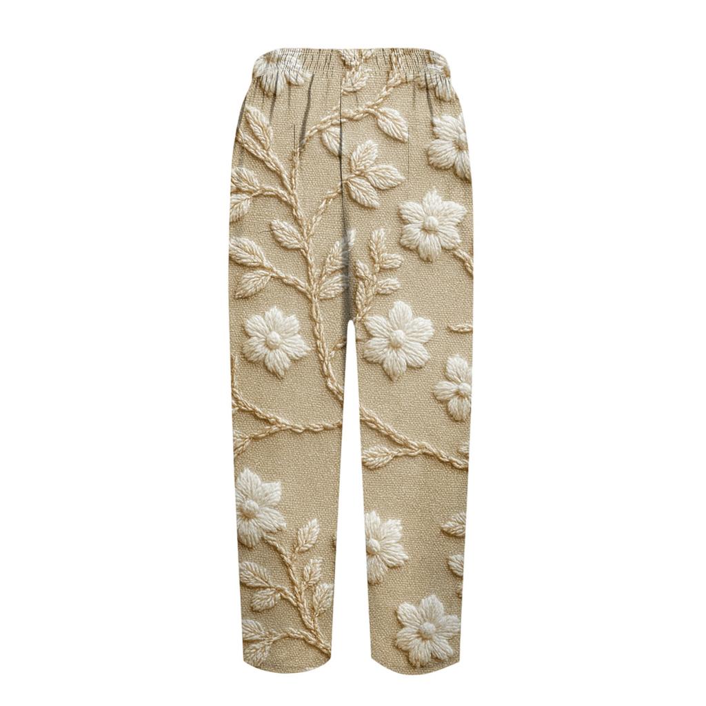 Damen Modische Hose mit Blumenmuster, Kordelzugtaschen und elastischem Bund für Freizeit