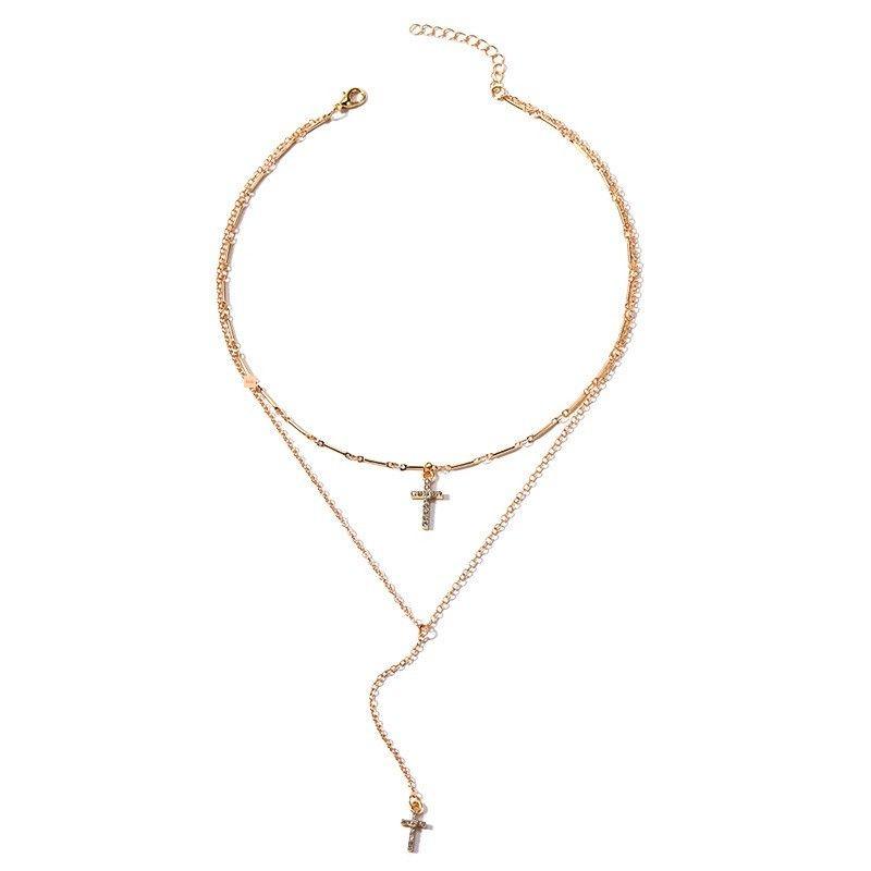 

Fashion Sexy Retro Gold Diamond Double Layer Cross Necklace Minimalist Easiest for Match Non-Fading Fancy Clavicle Chain Gold