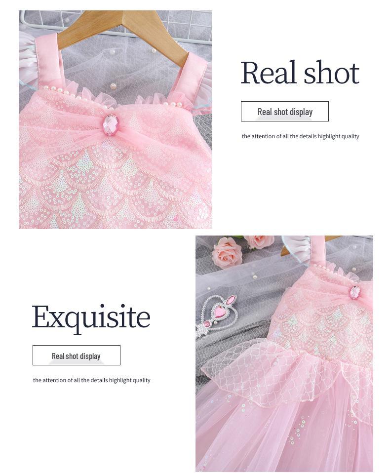 Girls' Pink Sequin Flutter Sleeve Mermaid Dress - Summer Party Princess Gown