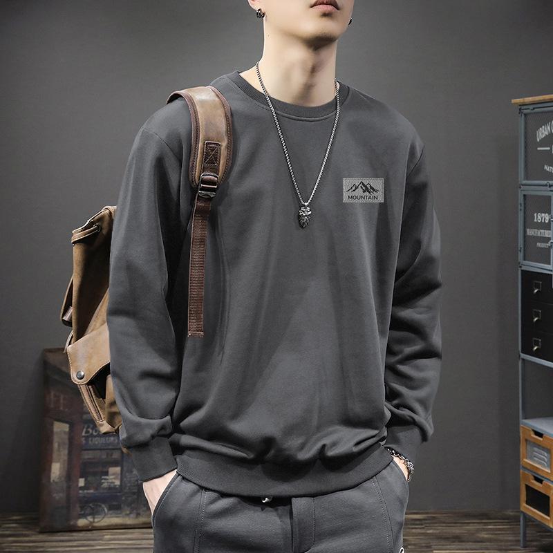 Men's Trendy Hong Kong Style Loose Fit Round Neck Sweatshirt, Autumn/Winter, Plus Velvet, 420g