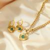 Stainless Steel Heart Love Green Crystal Pendant Necklace Earrings for Women Party Punk Jewelry Gift