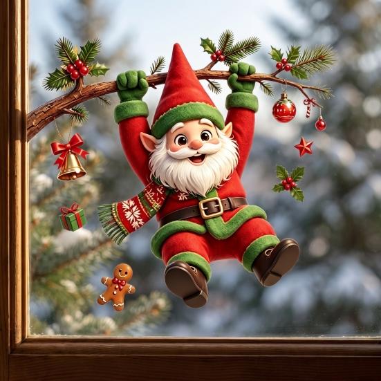 Christmas Home Ornaments Cute Gnome Static Window Cling, Removable Decal with Holly Bell Glass Stickers Gingerbread Snowflake, Holiday Decor