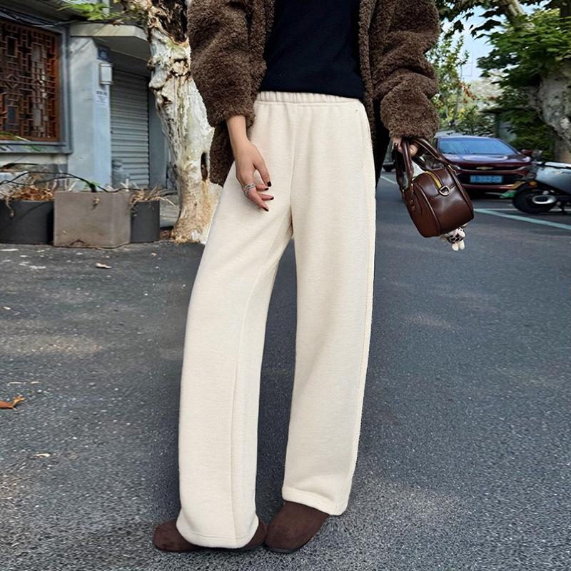 

Women s 2025 Autumn/Winter Elastic Waist Plush Straight Leg Wide Leg Casual Pants Large грязно-белый