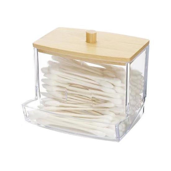 Storage Box with Bamboo Lid Dustproof Moisture Resistant Clear Acrylic Container Cotton Swabs Dental Floss Jewelry Organizer
