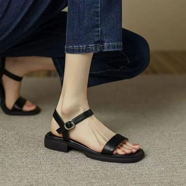 Soft Leather Square Heel Sandals Women's Summer 2025 New French One-word Belt Retro Soft Sole with Skirt Roman Sandals