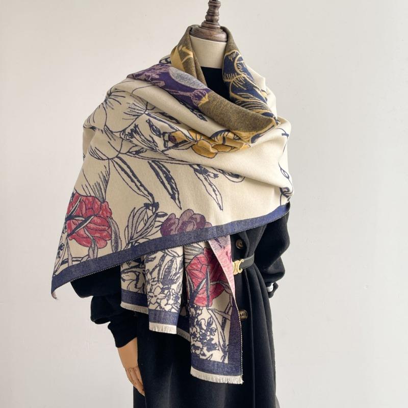 Double-sided contrasting color flower scarf women's high-end sense autumn and winter new printed warm thickened long shawl