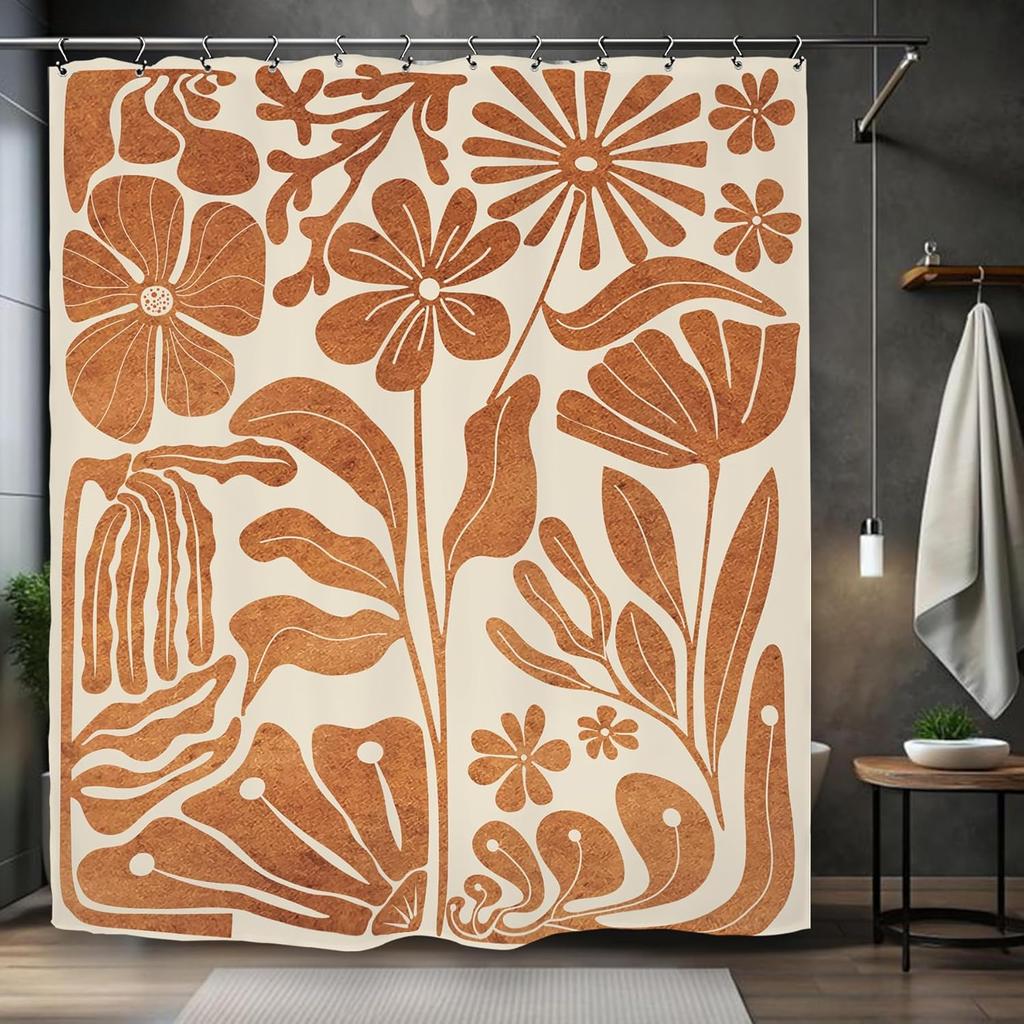 Rustic Brown Floral Plant Shower Curtain Earth Tone Bohemian Style 72x72 Inches