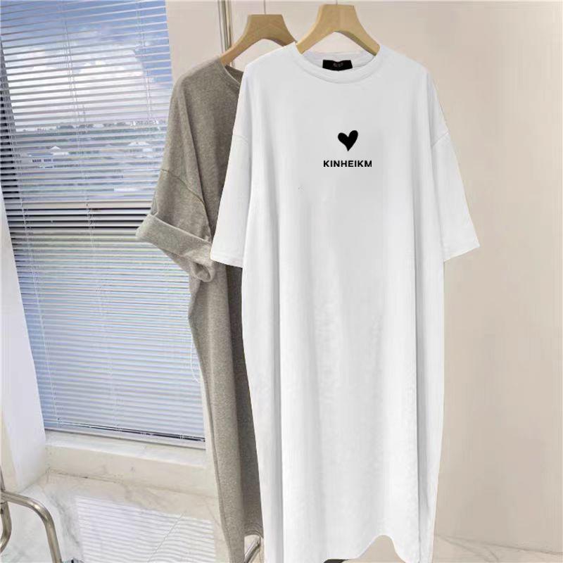 Medium and Long Knee-length Pure Cotton Gray Short-sleeved Dress Women's Summer New Foreign Style Loose Split-ended T-shirt Skirt