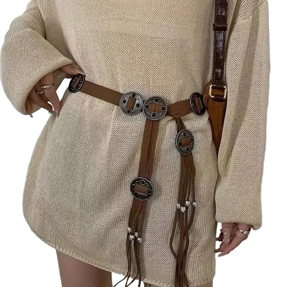 

Boho Concho Tassel Tie Belt Women Adjustable Rope Waist Belt Coffee Black 61.8 Inch кофейный