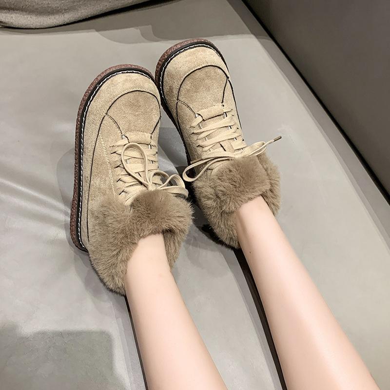 Женские зимние плюшевые теплые хлопковые ботинки, сноубутсы на шнуровке, противоскользящая толстая подошва, шерстяные хлопковые ботинки 40 хаки