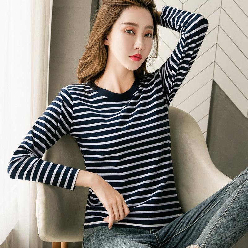 2024 Women's Loose-Fit Striped Long-Sleeve Cotton T-Shirt for Spring & Autumn, Age-Reducing, Plus-Size Slimming Top.