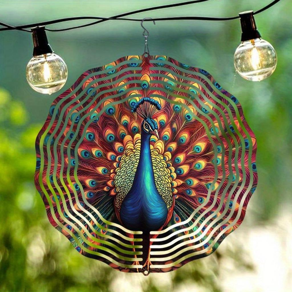 3D Metal Peacock Wind Spinner Vibrant Outdoor Garden Decor with Red Blue Golden Feathers Thanksgiving Christmas Hanging Ornament