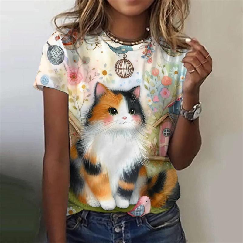 3D Printed Cute Cat T-Shirt For Women Flower Plants Animal Graphic Tees Summer Casual Loose T Shirts O-Neck Tops Short Sleeves