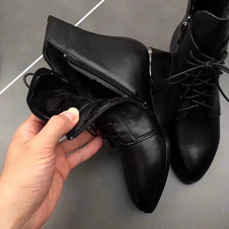 Pointed short boots women's thick heel 2025 autumn and winter new thin boots black temperament women's boots soft leather lace-up Martin boots