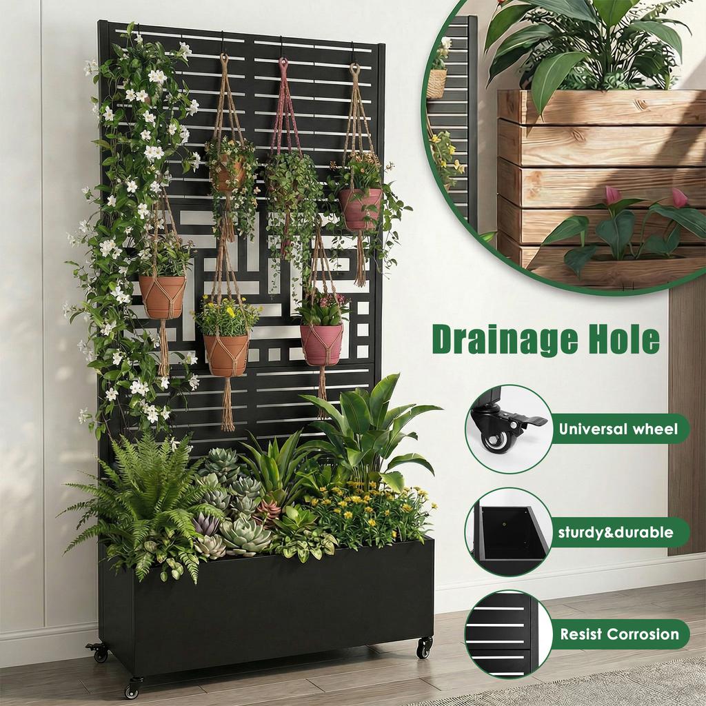 Plant Box with Metal Trellis Raised Garden Bed Outdoor Privacy Planter Box Pergola &Wheels Raised Planter Flower Vegetables Box