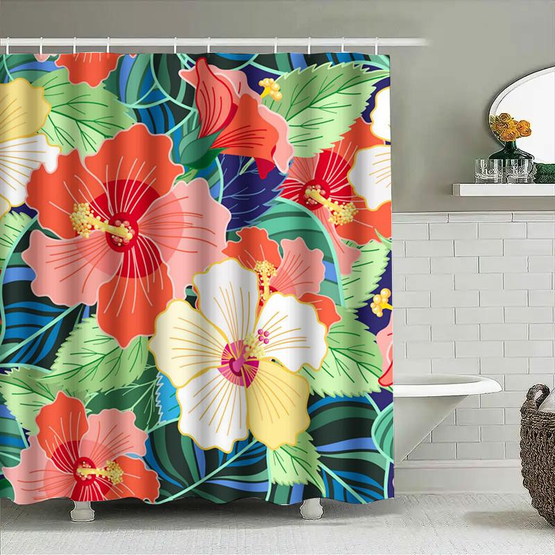 Colorful Floral Shower Curtain: Unique Bathroom Decor With Hibiscus Pattern 180X240Cm Size Customizable For Home Decor Gifts Fro