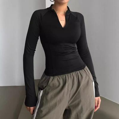 T-shirt à Manches Longues Style Sportif pour Femme Couleur Unie Col Semi-Ouvert Haut Court